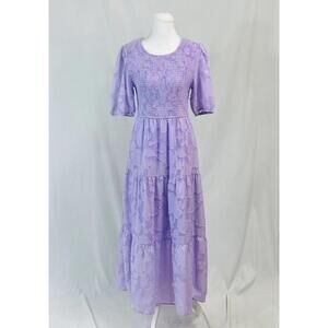 Merokeety Lavender Smocked Floral Tiered Prairie Maxi Dress Size M Cottagecore